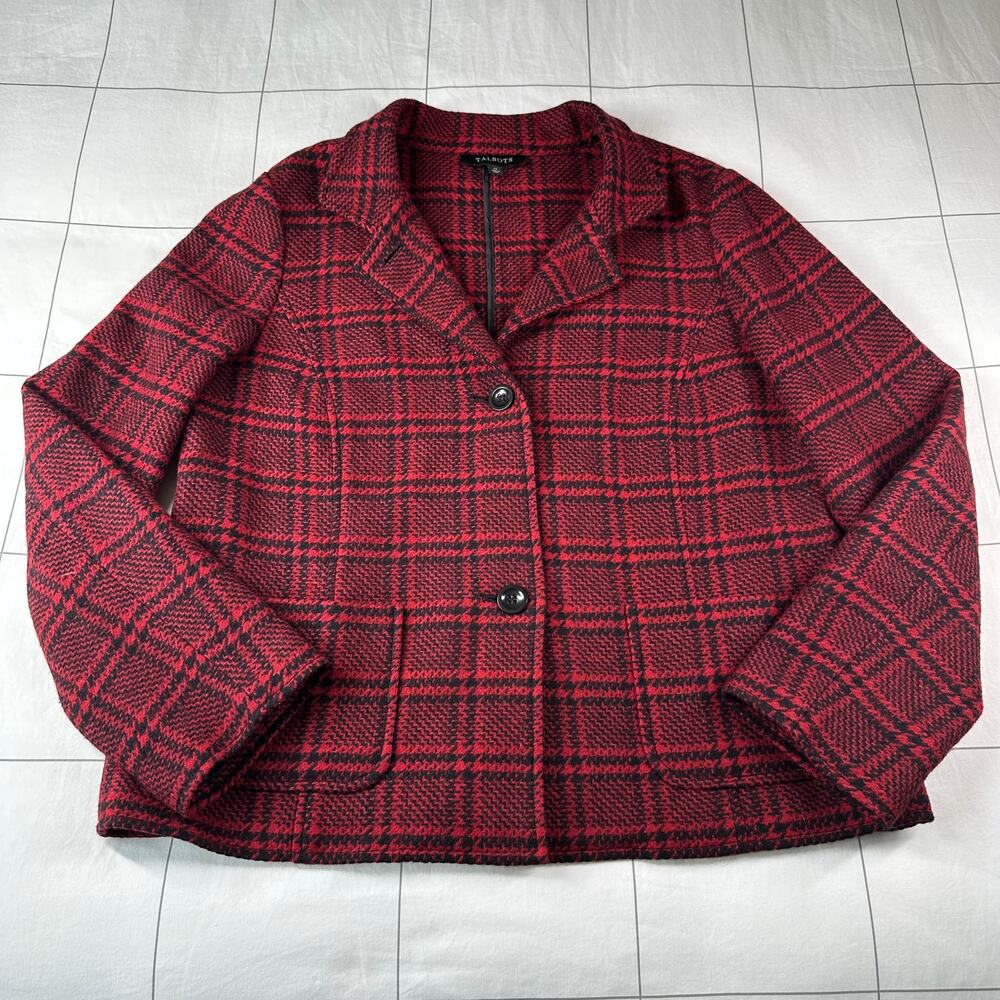 Talbots Jacket Womens 14 Red Black Houndstooth Plaid Wool Blend Blazer Preppy